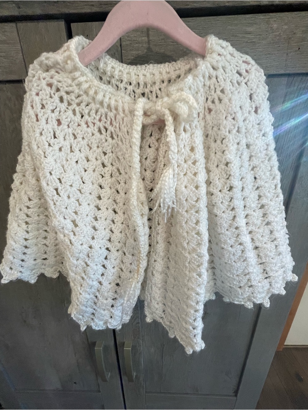 Hand Crafted Cream Crochet Tie-Front Cape